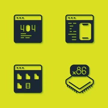 Set Page with a 404 error, Processor microcircuits CPU, Browser files and Stock-Illustration
