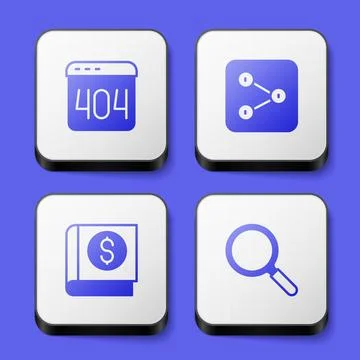 Set Page with a 404 error, Share, Financial book and Magnifying glass icon Stock Illustration