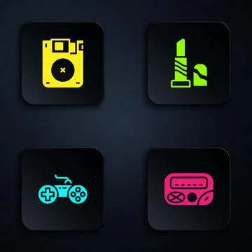 Set Pager, Floppy disk, Gamepad and Lipstick. Black square button. Vector Illustrazione stock