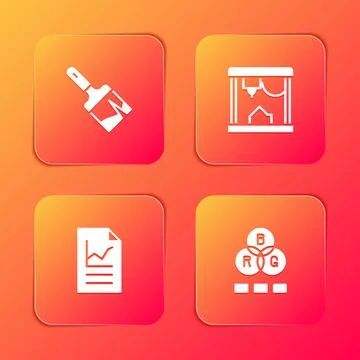 Set Paint brush, 3D printer, Document with graph chart and RGB color mixing i Stock Illustration