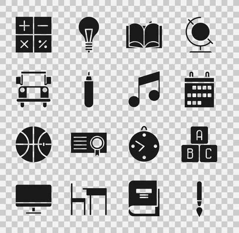 Set Paint brush, ABC blocks, Calendar, Open book, Marker, School Bus, Calculator Stock Illustration
