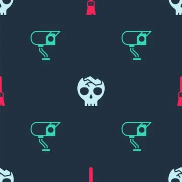 Set Paint brush, Broken human skull and Security camera on seamless pattern イラスト素材