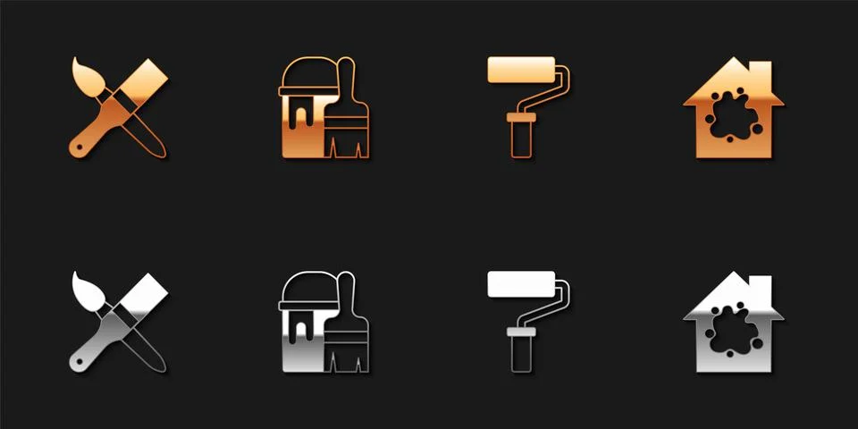 Set Paint brush, bucket with, roller and Painting the house icon. Vector Illustration