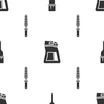 Set Paint brush, Cement bag and Chisel tool for wood on seamless pattern. Vec Stock Illustration