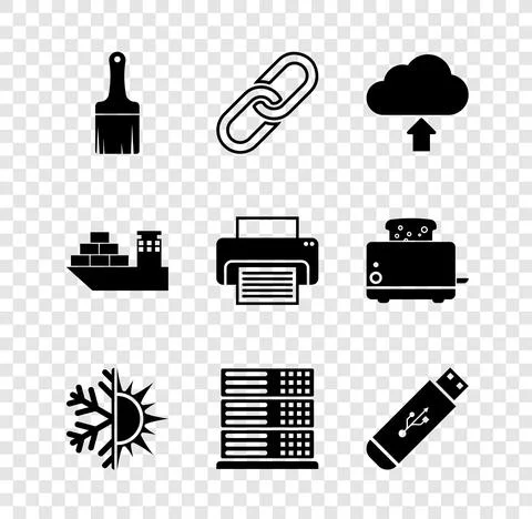 Set Paint brush, Chain link, Cloud upload, Sun and snowflake, Server, Data, Web Illustrazione stock