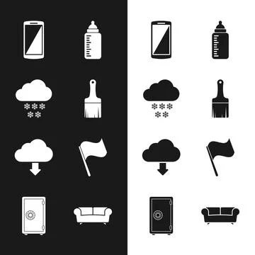 Set Paint brush, Cloud with snow, Smartphone, mobile phone, Baby bottle Stock Illustration
