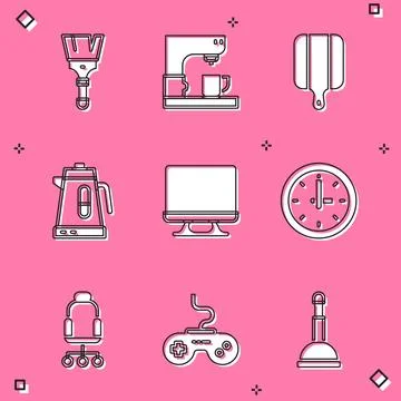 Set Paint brush, Coffee machine, Cutting board, Electric kettle, Smart Tv, Clock Stock Illustration