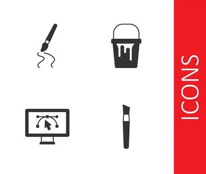 Set Paint brush, Computer with design program and bucket icon. Vector Stock Illustration