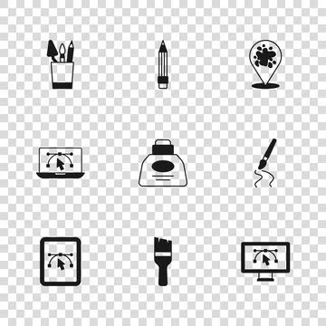 Set Paint brush, Computer with design program, Inkwell, spray, Pencil case .. Stock-Illustration
