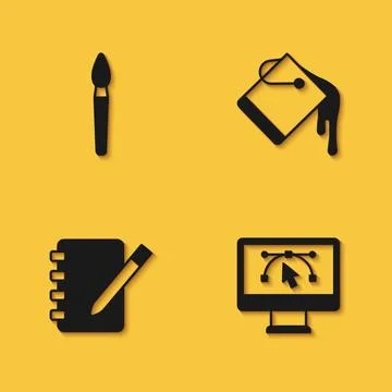 Set Paint brush, Computer with design program, Notebook and bucket icon wit.. Stock Illustration