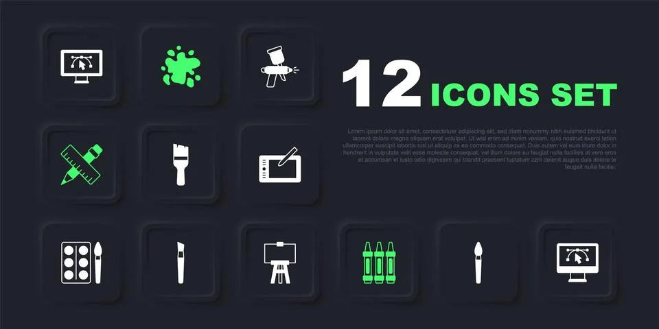 Set Paint brush, Computer with design program, Wax crayons for drawing, Cro.. Stock Illustration