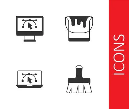 Set Paint brush, Computer with design program,  and bucket icon. Vector 库存插图