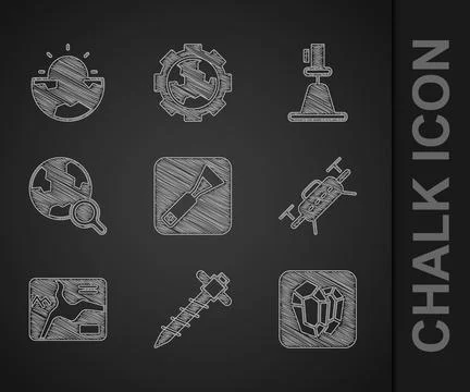 Set Paint brush, Construction jackhammer, Gem stone, Drone, Topographic map.. Stock Illustration