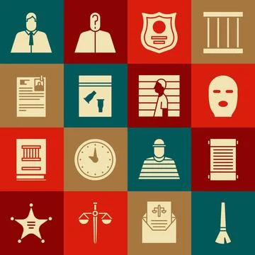 Set Paint brush, Decree, paper, parchment, scroll, Thief mask, Police badge.. Stock Illustration