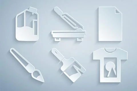 Set Paint brush, Empty document, T-shirt, Paper cutter and Printer ink bottle Stock Illustration