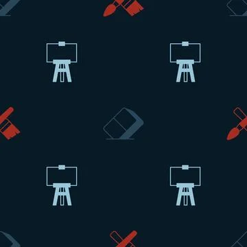 Set Paint brush, Eraser or rubber and Wood easel on seamless pattern. Vector 库存插图