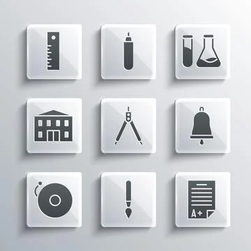 Set Paint brush, Exam sheet with A plus grade, Ringing bell, Drawing compas.. Stock Illustration