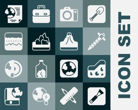 Set Paint brush, Ground, Construction jackhammer, Photo camera, Ore mining, Soil Stock Illustration