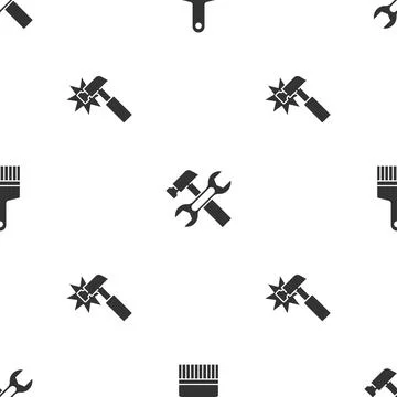 Set Paint brush, Hammer and wrench and on seamless pattern. Vector Stock Illustration