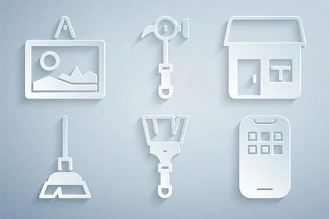 Set Paint brush, House, Handle broom, Mobile Apps, Hammer and Picture icon... Illustration