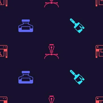 Set Paint brush, Ink bottle, Fountain pen nib and Plotter on seamless pattern Illustrazione stock