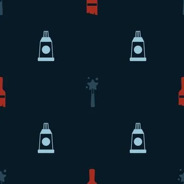 Set Paint brush, Magic wand and Tube with paint palette on seamless pattern.. Stock Illustration