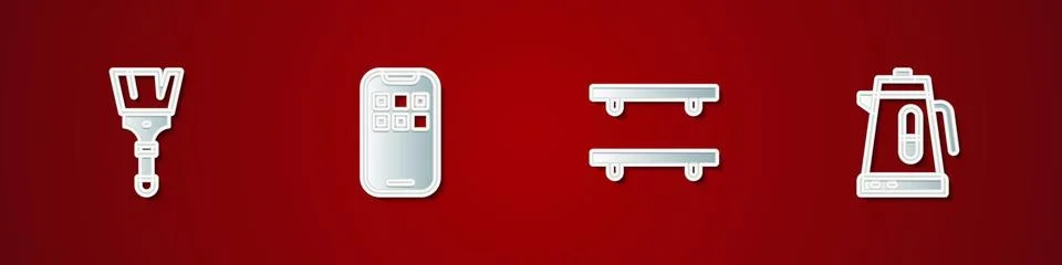 Set Paint brush, Mobile Apps, Empty wooden shelves and Electric kettle icon.. Illustrazione stock