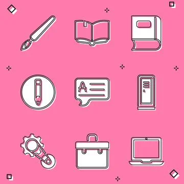 Set Paint brush, Open book, Book, Pencil, Speech bubbles with Answer, Locker or Stock Illustration