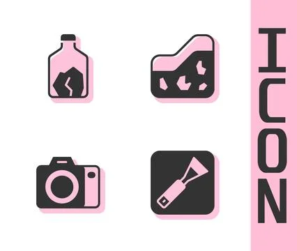 Set Paint brush, Ore mining, Photo camera and Ground icon. Vector Illustrazione stock