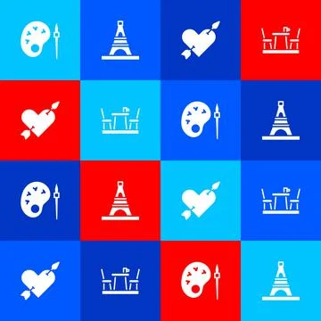 Set Paint brush with palette, Eiffel tower, Amour heart and arrow and French Illustrazione stock