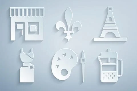 Set Paint brush with palette, Eiffel tower, Woman dress, French press, Fleur  Stock Illustration