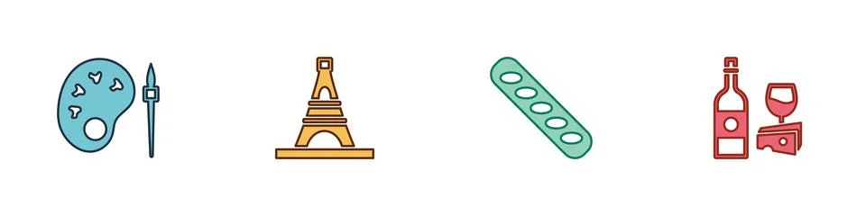Set Paint brush with palette, Eiffel tower, French baguette bread and Wine bo Stock Illustration