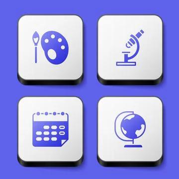 Set Paint brush with palette, Microscope, School timetable and Earth globe icon Illustrazione stock