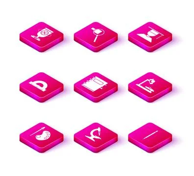 Set Paint brush with palette, Microscope, Protractor grid for measuring degrees Stock Illustration