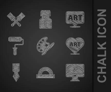 Set Paint brush with palette, Protractor, Computer monitor screen, Heart text Stockillustratie