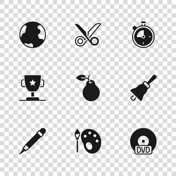 Set Paint brush with palette, Ringing bell, CD or DVD disk, Pear, Stopwatch.. Stock Illustration