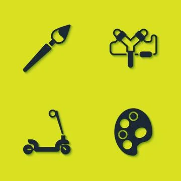 Set Paint brush, Palette, Roller scooter and Slingshot icon. Vector Stock Illustration