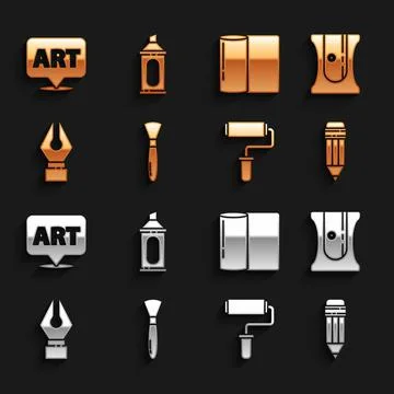 Set Paint brush, Pencil sharpener, with eraser, roller, Fountain nib, Paper Stock Illustration