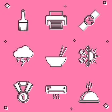 Set Paint brush, Printer, Wrist watch, Storm, Bowl with chopsticks and Sun and Stock Illustration