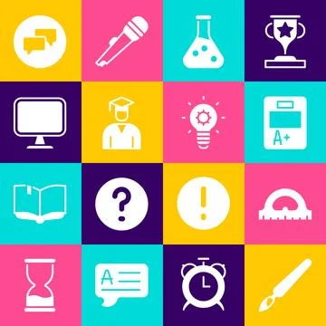 Set Paint brush, Protractor grid, Exam sheet with A plus grade, Test tube, .. Stock Illustration