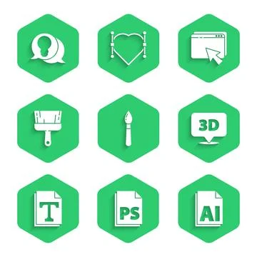 Set Paint brush, PS File document, AI file, Speech bubble with text 3D, Text Stock Illustration
