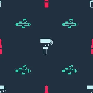 Set Paint brush, roller and spray gun on seamless pattern. Vector Stock Illustration