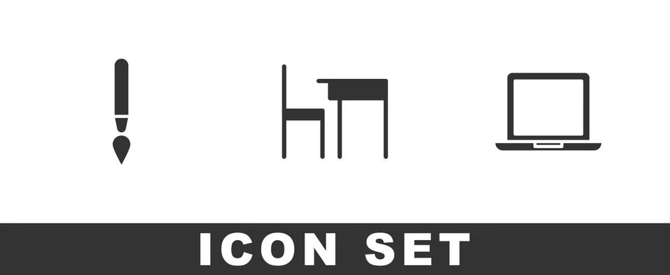 Set Paint brush, School table and chair and Laptop icon. Vector Stock Illustration