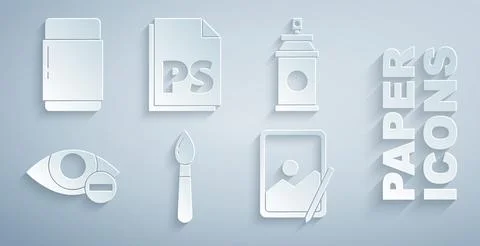 Set Paint brush, spray can, Red eye effect, Graphic tablet, PS File document and Stock Illustration