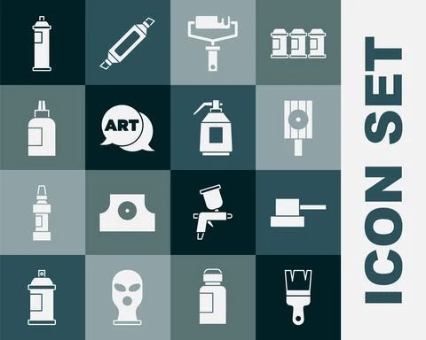 Set Paint brush, Spray can nozzle cap, roller, Speech bubble with text art Stock Illustration