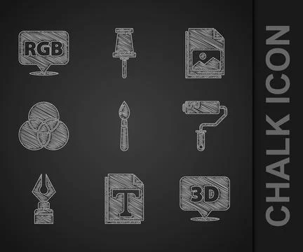 Set Paint brush, Text file document, Speech bubble with text 3D, roller Stock Illustration