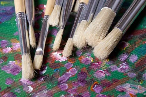 Set of paint brushes on canvas background Stock Photos