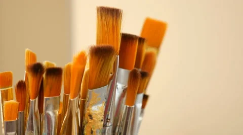 Set of paint brushes close-up. Art studio concept. Stock Footage 59583165