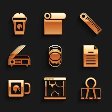 Set Paint bucket, 3D printer, Binder clip, File document, Coffee cup, Scann.. Ilustración de archivo