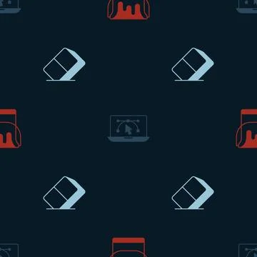 Set Paint bucket, Computer with design program and Eraser or rubber on seam.. Ilustração Stock